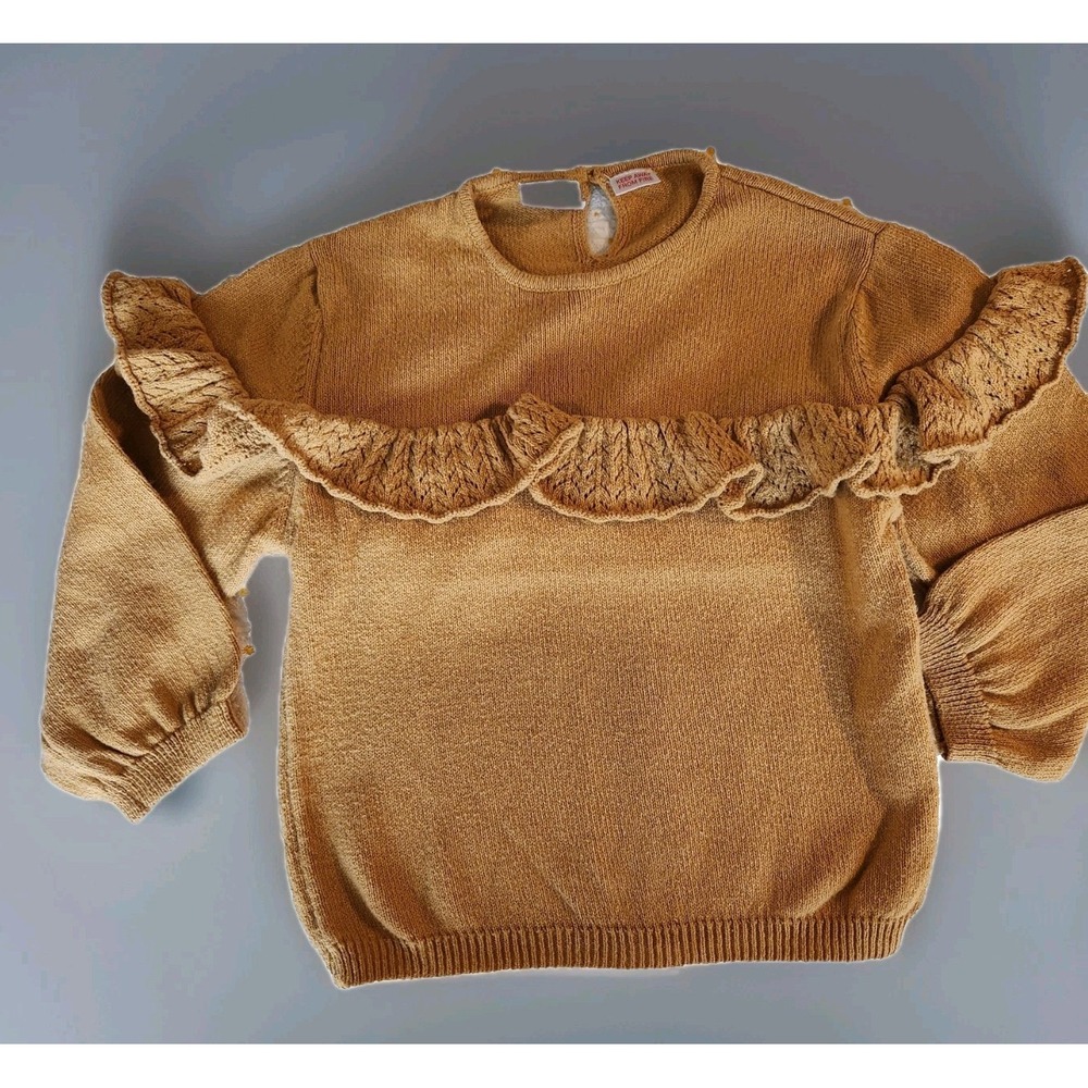 Zara Girl's Mustard Sweater Ruffles Key Hole On Back - Size: 3-4 Years (104cm)